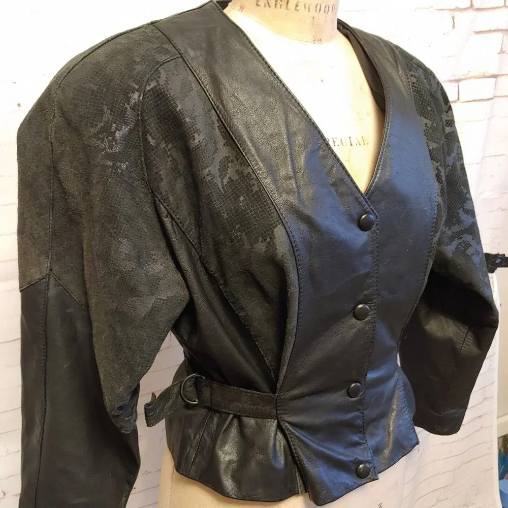 Vintage Chia Womens Leather Jacket Size M Medium Cropped Cinch Waist "Snakeskin" - Picture 3 of 12